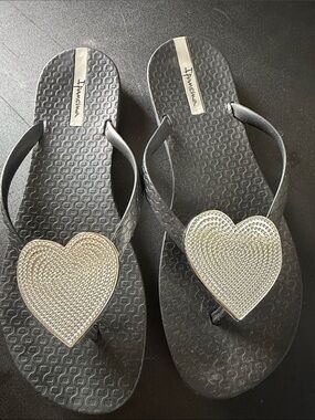 Ipanema Black Sandals with Silver Heart Embellishments
